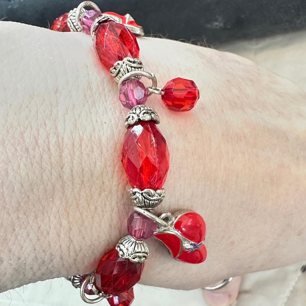 Silver Tone & Red Bead Charm Bracelet. Red Hat Society charms.